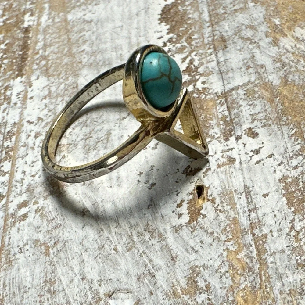 Gold Tone Geometric Faux Turquoise Triangle Ring Size 7.5 Boho Southwestern